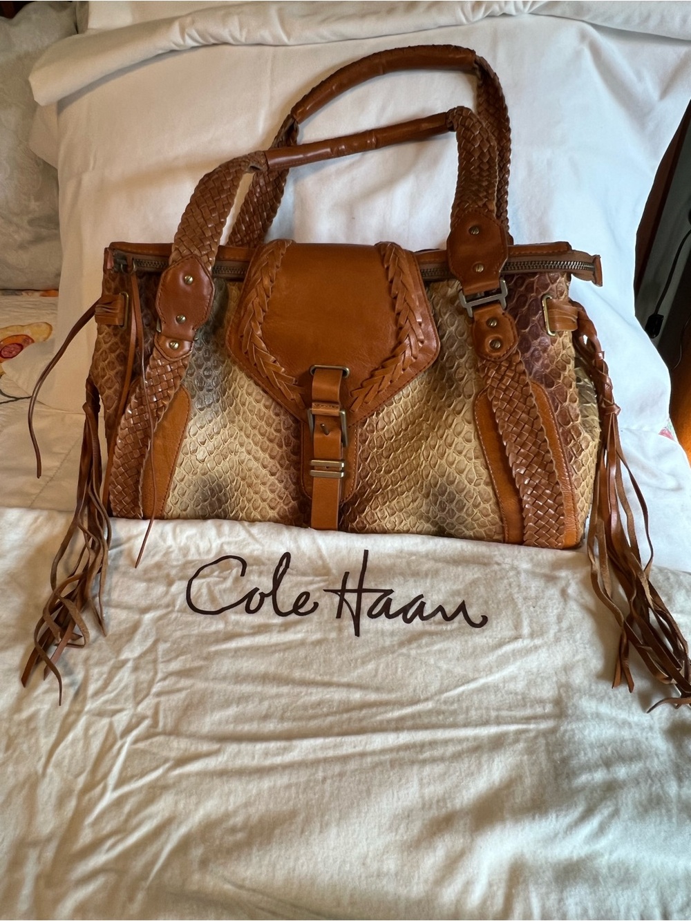 Vintage Cole Haan Snakeprint Leather Fringe Satchel Bag w/Dustbag PRISTINE